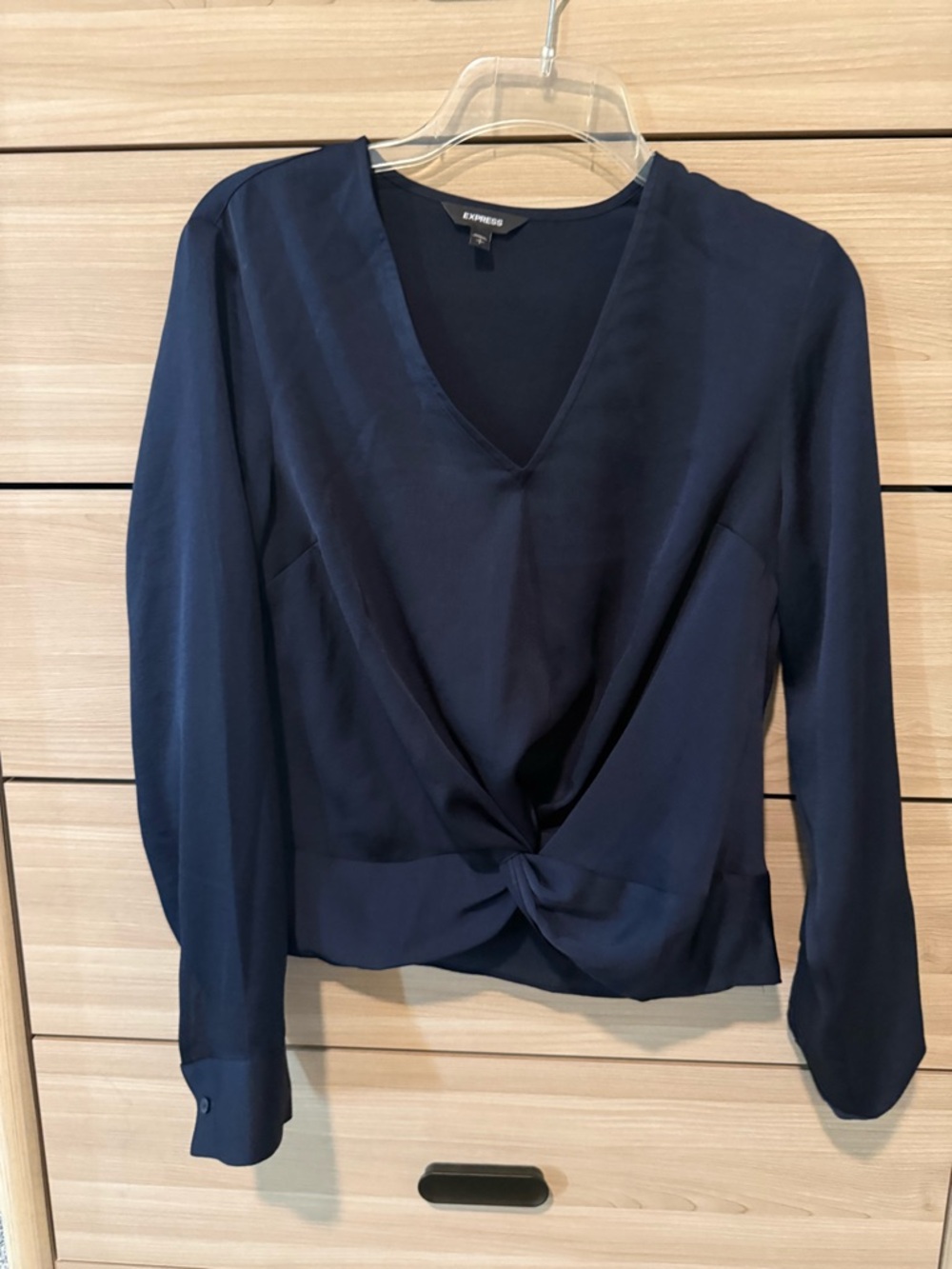 Express Navy Twist-Front V-Neck Long-Sleeve Blouse